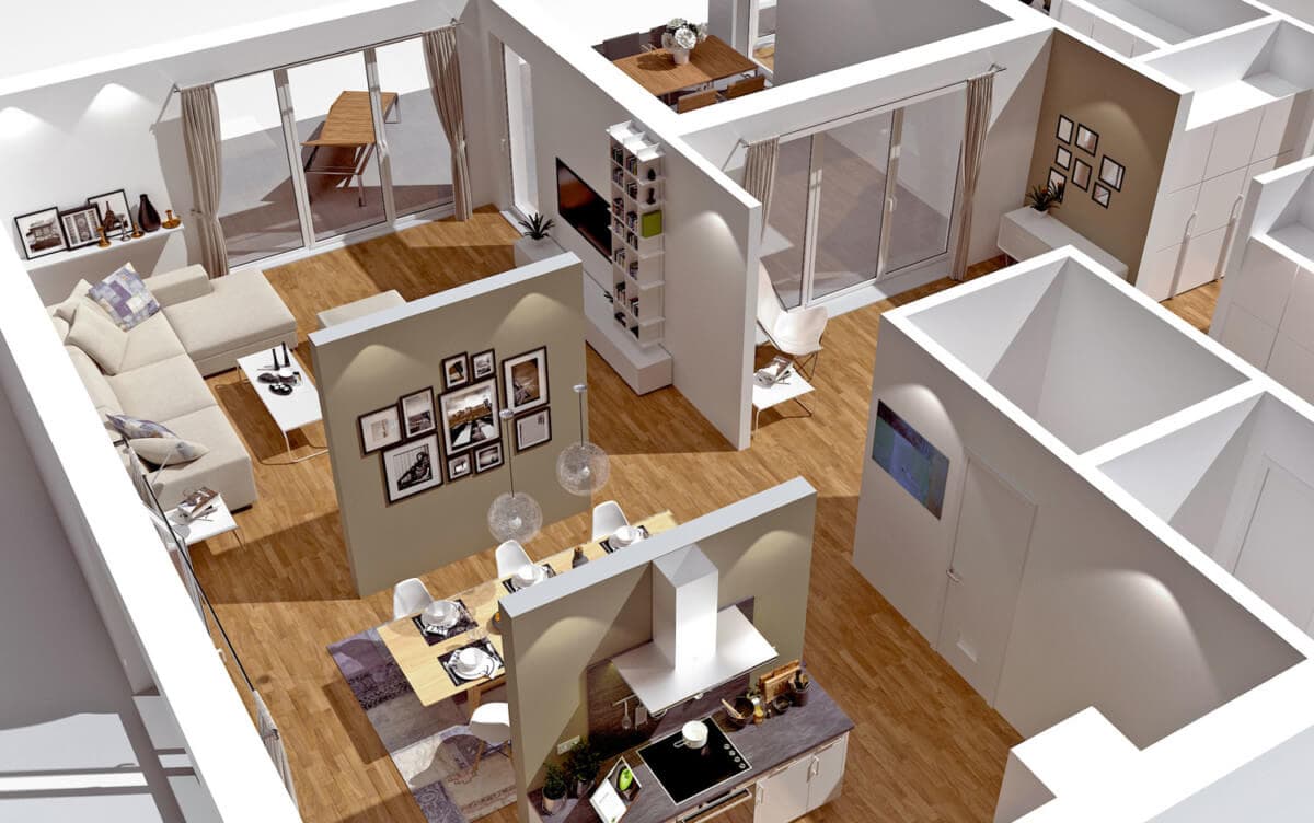 3D Bungalow Grundriss mit offenem Wohn-Ess-Kochbereich - Haus Design innen Ideen ScanHaus Marlow Fertighaus Bungalow SH 169 WB - HausbauDirekt.de