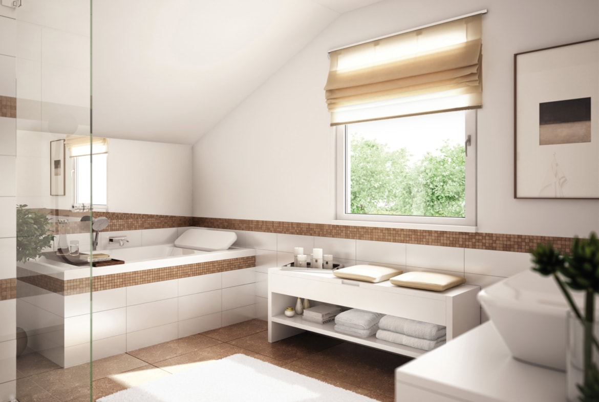 Badezimmer modern mit Dachschräge & Mosaik Fliesen - Ideen Inneneinrichtung Fertighaus Living Haus SUNSHINE 151 V2 - HausbauDirekt.de