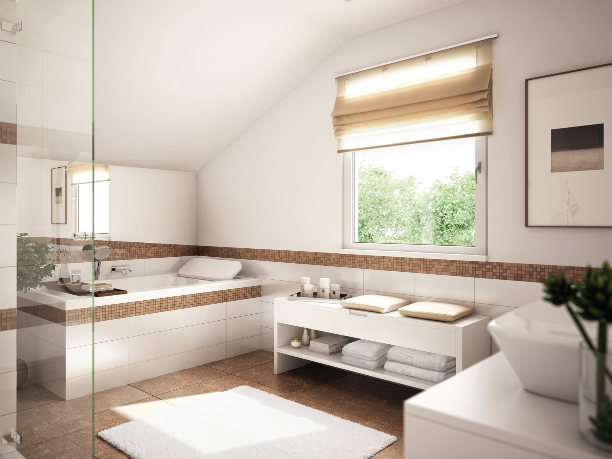 Badezimmer modern mit Dachschräge & Mosaik Fliesen - Ideen Inneneinrichtung Fertighaus Living Haus SUNSHINE 151 V2 - HausbauDirekt.de