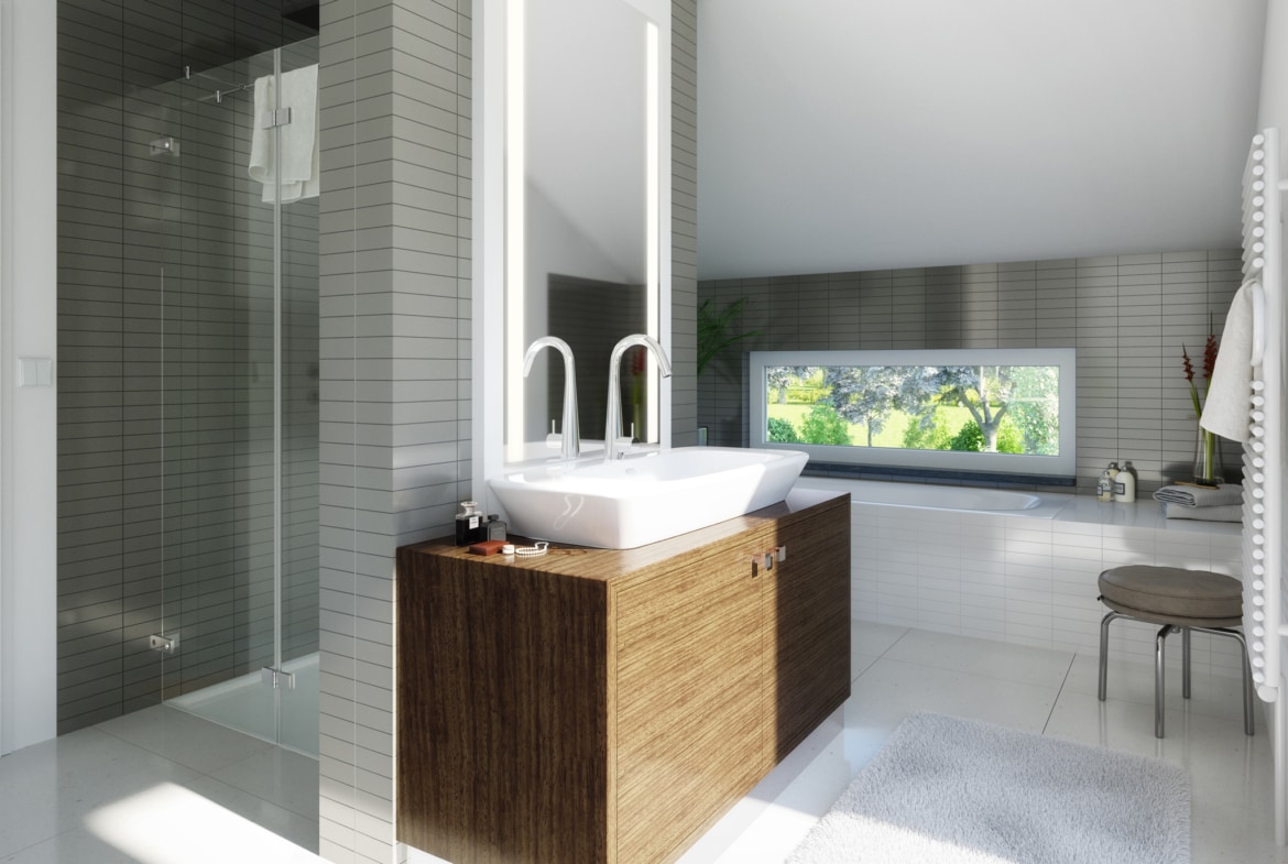 Badezimmer mit Badewanne & Dusche gemauert als Raumtrenner - Ideen Einrichtung Living Haus Fertighaus SUNSHINE 165 V2 - HausbauDirekt.de