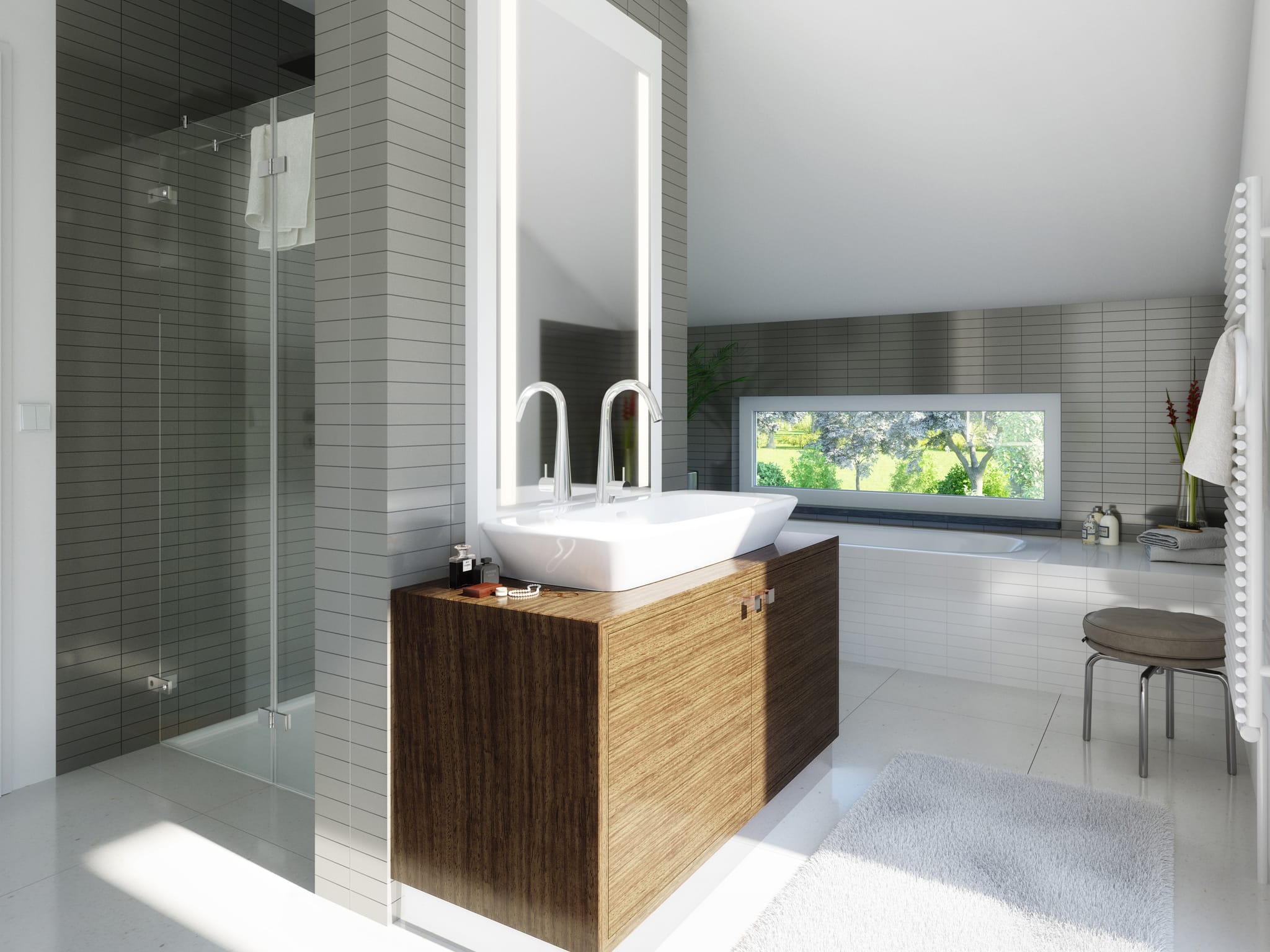 Badezimmer mit Badewanne & Dusche gemauert als Raumtrenner - Ideen Einrichtung Living Haus Fertighaus SUNSHINE 165 V2 - HausbauDirekt.de