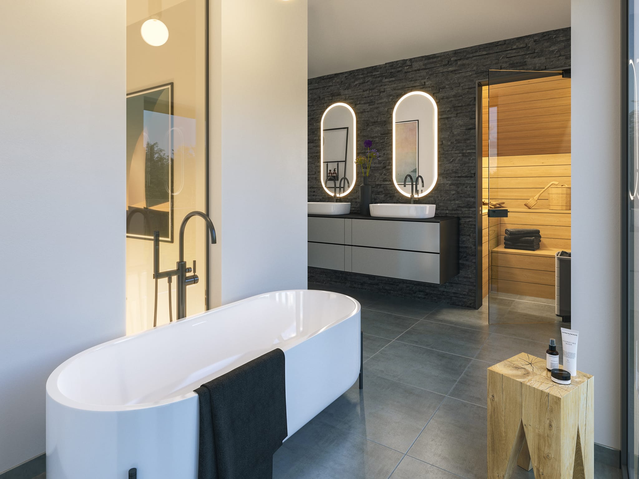 Modernes Badezimmer mit Sauna & freistehender Badewanne - Ideen Haus Design innen Bien-Zenker Fertighaus CONCEPT-M 163 Dresden - HausbauDirekt.de
