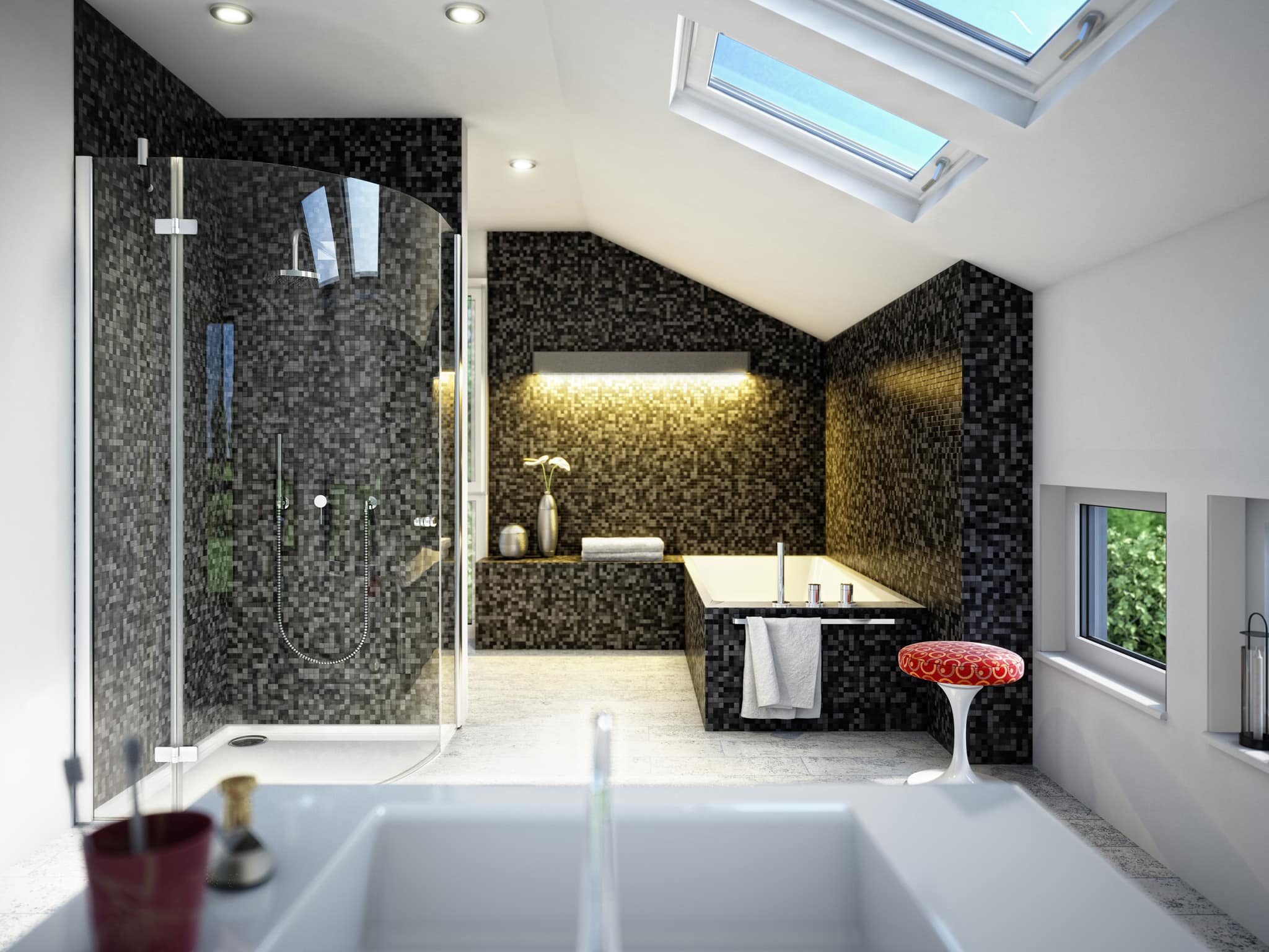 Badezimmer Ideen modern mit Dachschräge & Mosaik Fliesen grau schwarz - Wohnideen Einfamilienhaus SUNSHINE 113 V5 von Living Haus - HausbauDirekt.de