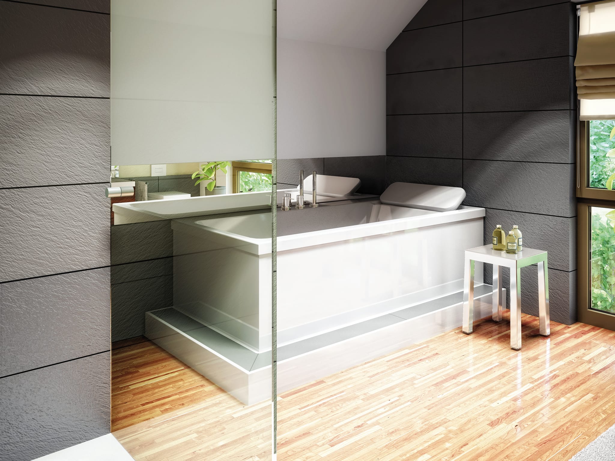 Modernes Badezimmer mit grauen Fliesen - Interior Design Fertighaus Living Haus SUNSHINE 136 V5 - HausbauDirekt.de