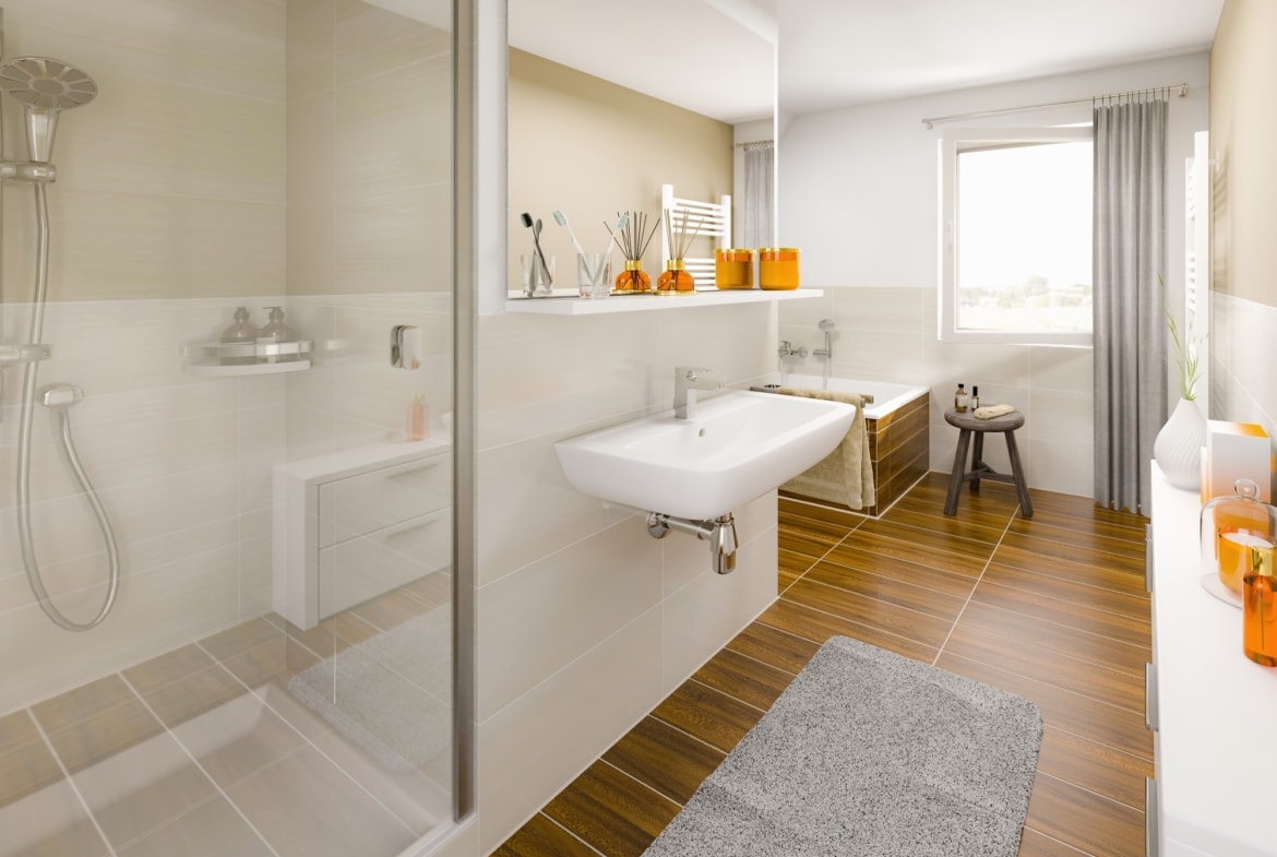Modernes Badezimmer mit Fliesen in Holzoptik - Ideen Inneneinrichtung Einfamilienhaus Lichthaus 121 von Town Country Haus - HausbauDirekt.de