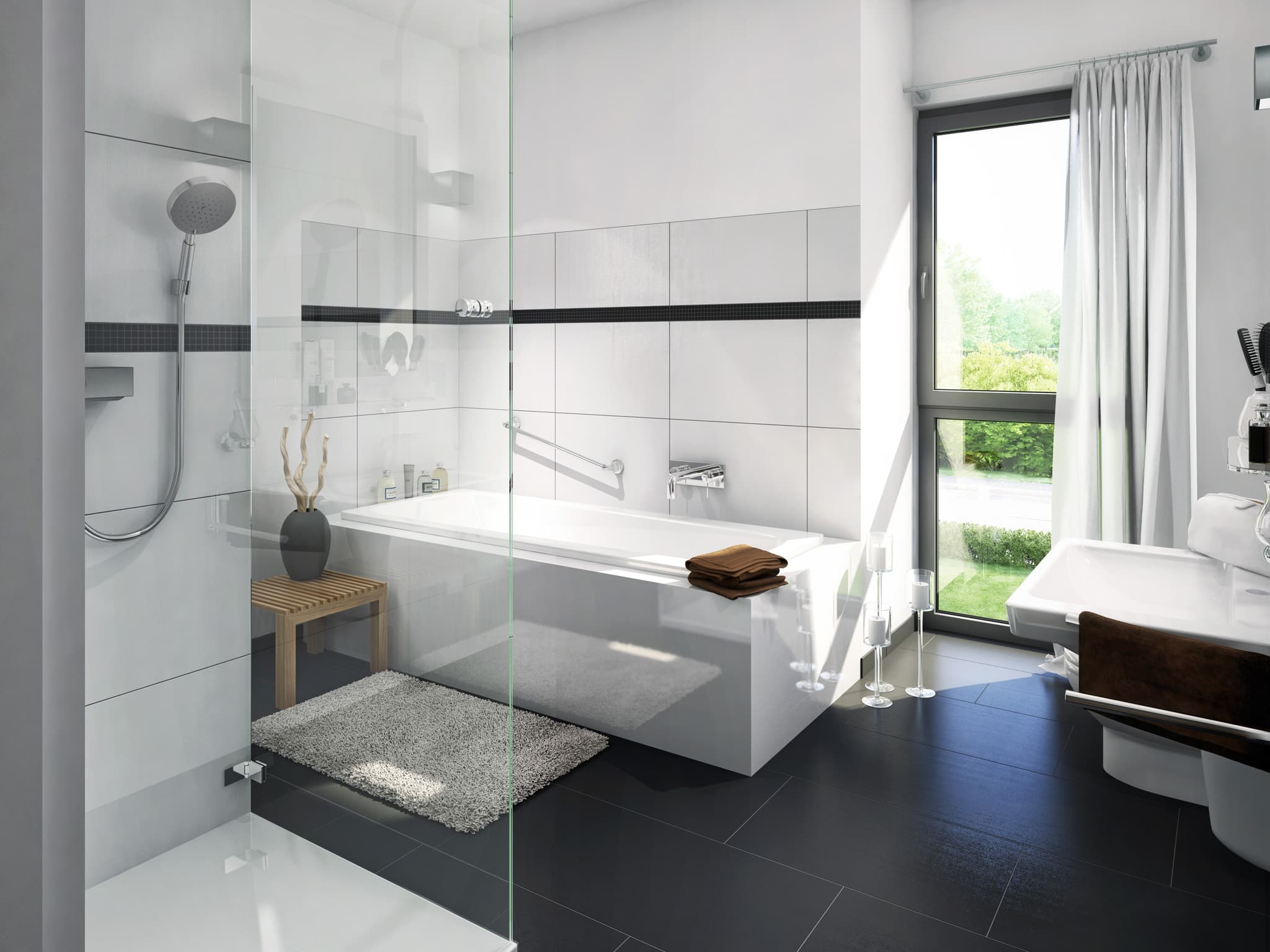 Modernes Badezimmer Fliesen schwarz weiss - Wohnideen Interior Design Fertighaus EVOLUTION 122 V12 von Bien Zenker - HausbauDirekt.de