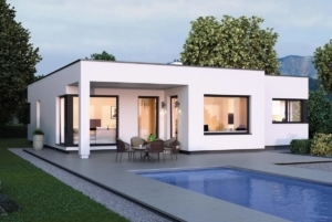 Bauhaus Bungalow mit Flachdach, Erker und Pool Terrasse, 3 Zimmer, 150 qm - Haus ebenerdig bauen Ideen ELK Fertighaus Bungalow 125 - HausbauDirekt.de