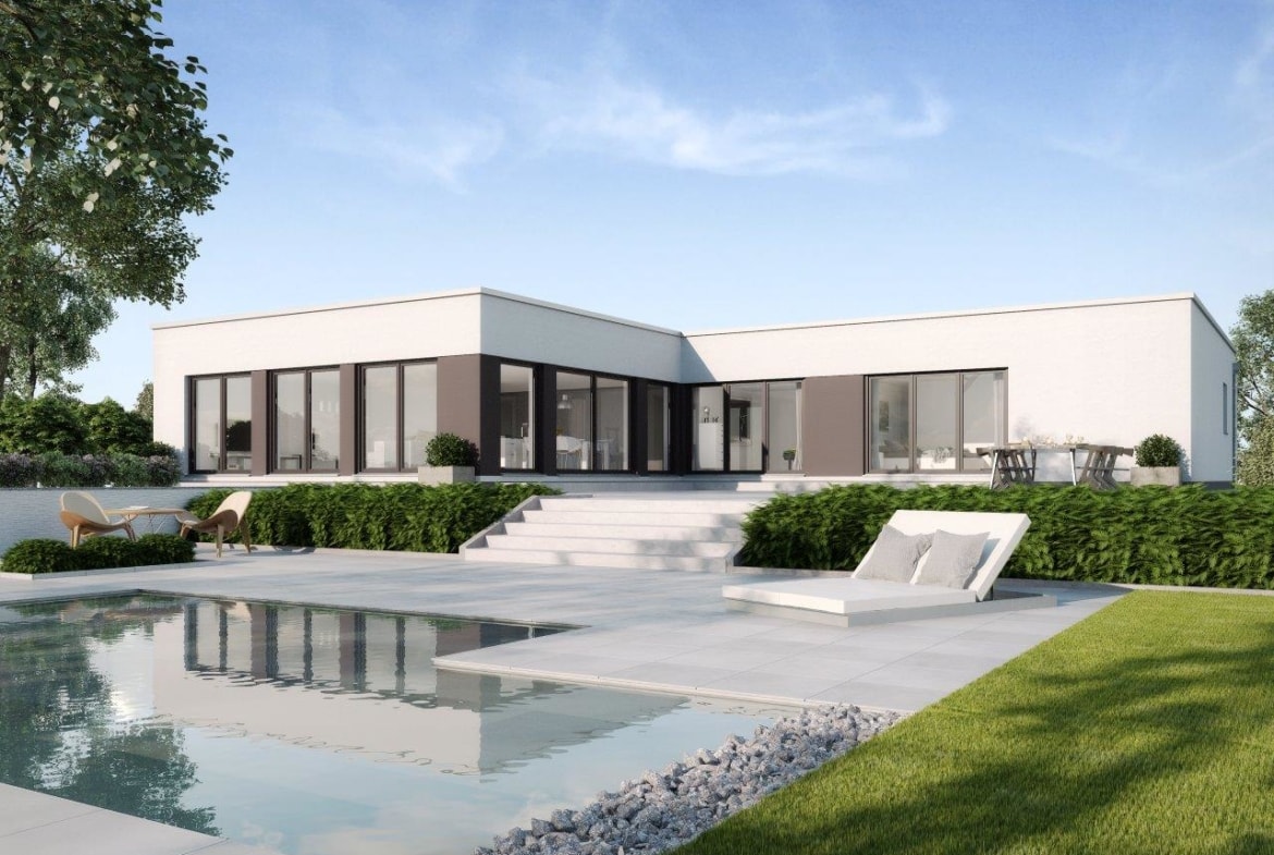 Luxus Bauhaus Bungalow modern mit Flachdach Architektur & Pool Terrasse, 5 Zimmer, 170 qm - Fertighaus schlüsselfertig bauen Ideen GUSSEK HAUS Toulouse - HausbauDirekt.de