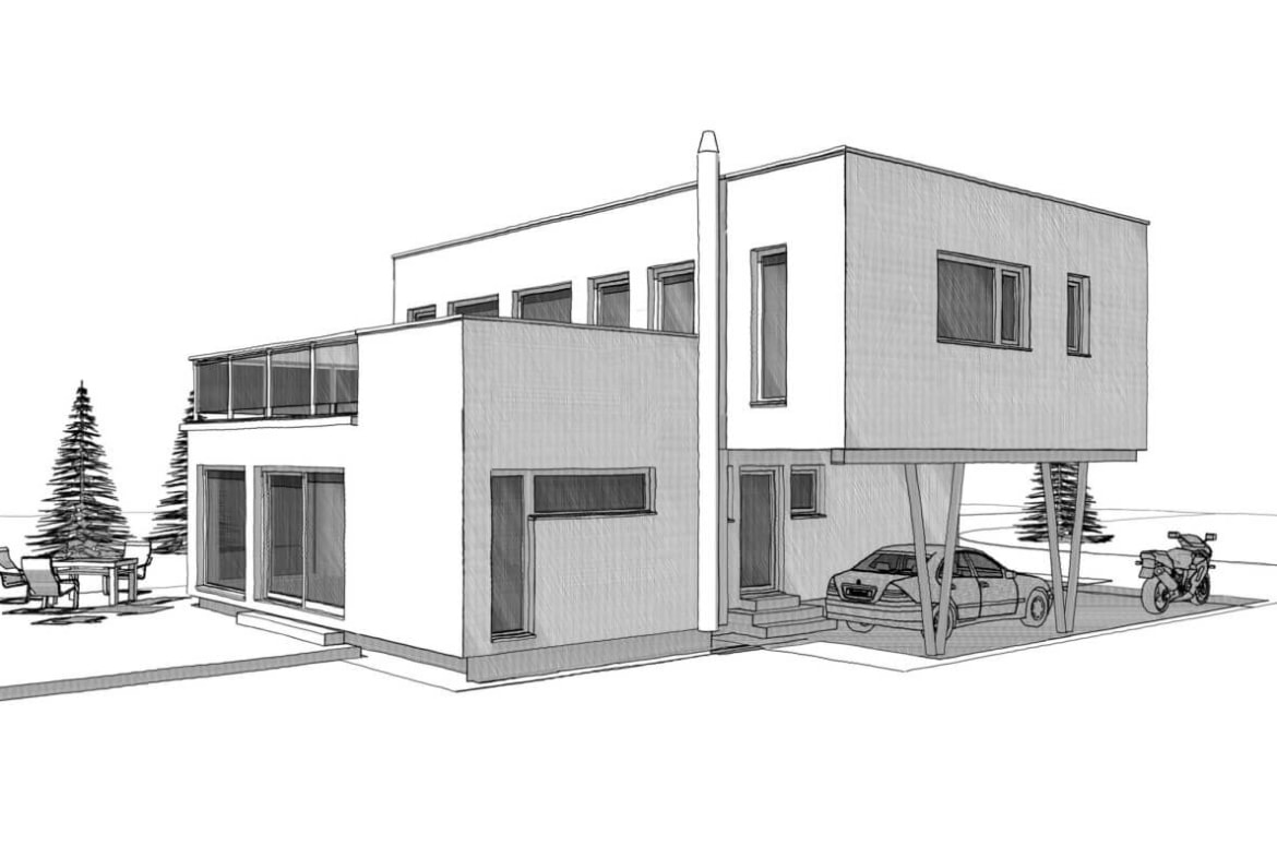 Bauhaus Stadtvilla modern mit Flachdach, Erker, Dachterrasse & integriertem Carport - Haus Design Ideen Skizze Fertighaus ELK Haus 164 - HausbauDirekt.de