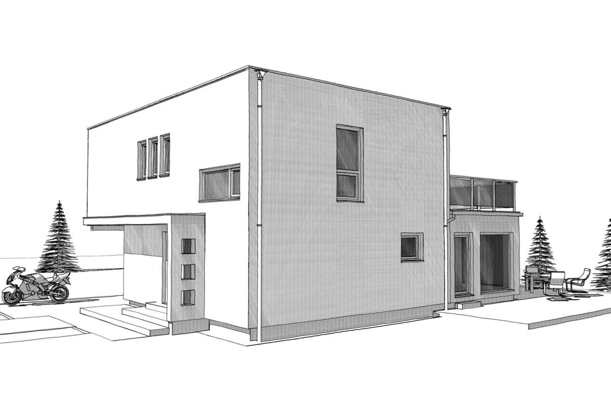 Einfamilienhaus modern mit Flachdach Architektur im Bauhausstil bauen - Haus Design Ideen Skizze Fertighaus ELK Haus 164 - HausbauDirekt.de