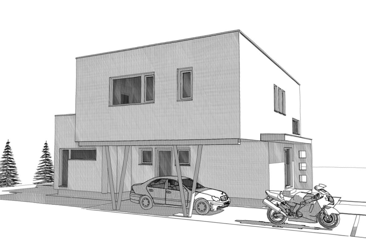 Einfamilienhaus modern mit Flachdach & integriertem Carport im Bauhausstil bauen - Haus Design Ideen Skizze Fertighaus ELK Haus 164 - HausbauDirekt.de