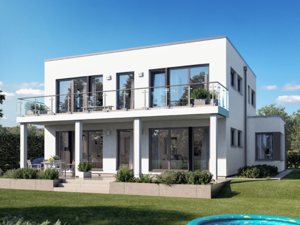 Bauhaus Stadtvilla modern mit Flachdach, Erker & Balkon, 5 Zimmer Grundriss, 165 qm - Fertighaus SUNSHINE 165 V7 von Living Haus - HausbauDirekt.de