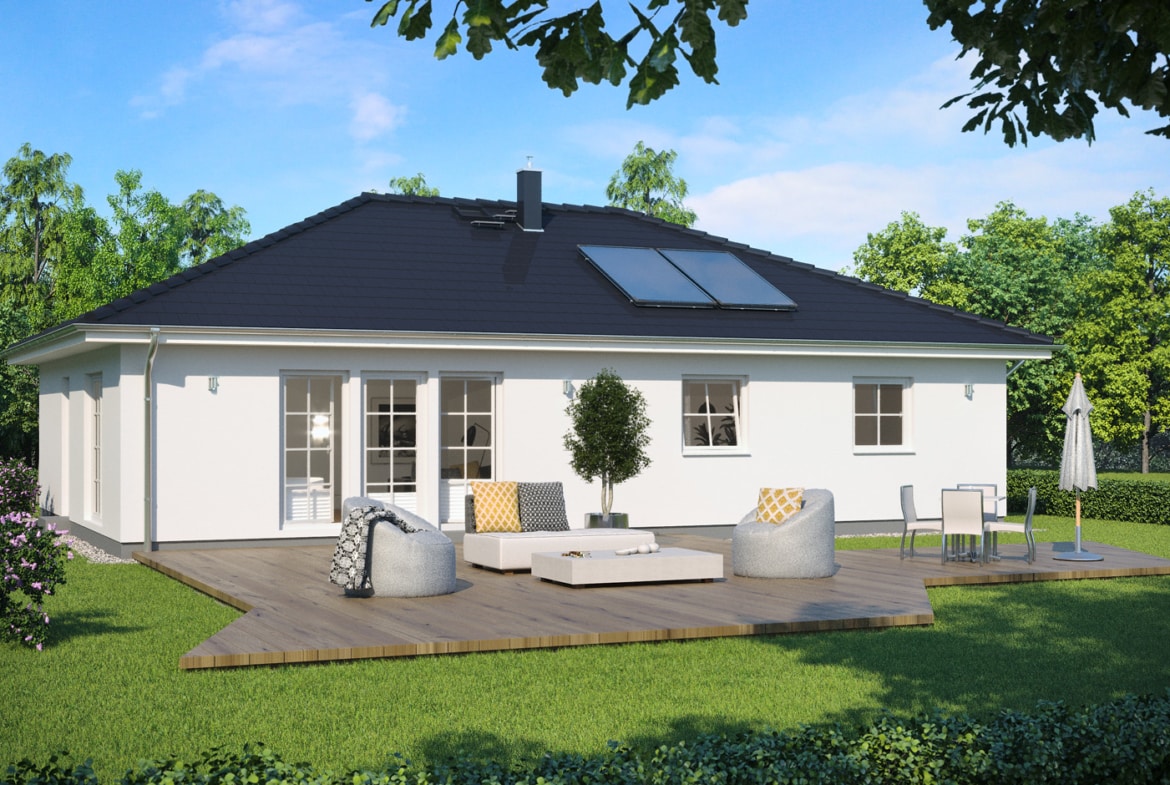 Bungalow barrierefrei mit Walmdach & Sprossenfenster im Landhausstil - Fertighaus schlüsselfertig bauen Ideen ScanHaus Marlow Haus SH 105 B - HausbauDirekt.de