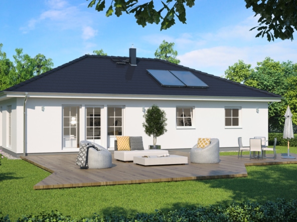 Bungalow barrierefrei mit Walmdach & Sprossenfenster im Landhausstil - Fertighaus schlüsselfertig bauen Ideen ScanHaus Marlow Haus SH 105 B - HausbauDirekt.de