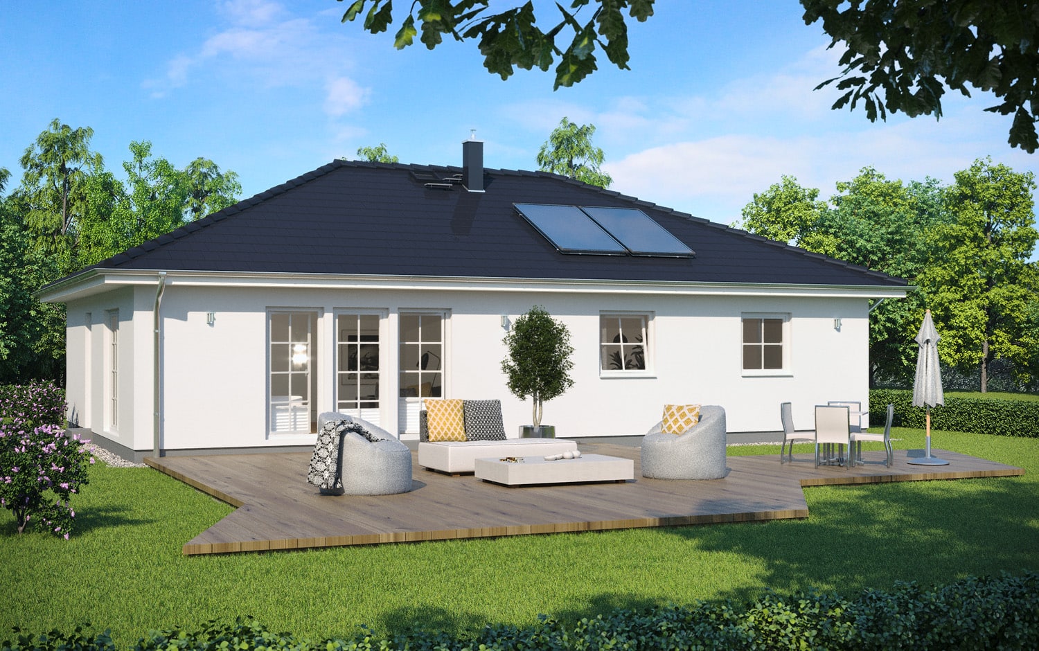 Bungalow barrierefrei mit Walmdach & Sprossenfenster im Landhausstil - Fertighaus schlüsselfertig bauen Ideen ScanHaus Marlow Haus SH 105 B - HausbauDirekt.de