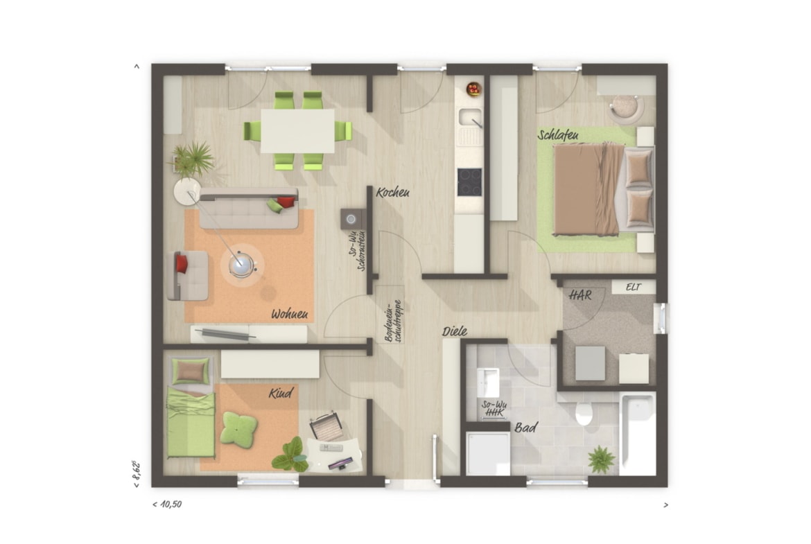 Bungalow Haus Grundriss ebenerdig, 3 Zimmer, 77 qm - Massivhaus bauen Ideen Town Country Haus Bungalow 78 - HausbauDirekt.de