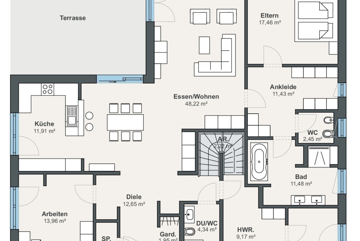 Winkelbungalow Grundriss Erdgeschoss mit Treppe - Haus Ideen Fertighaus Bungalow WeberHaus - HausbauDirekt.de