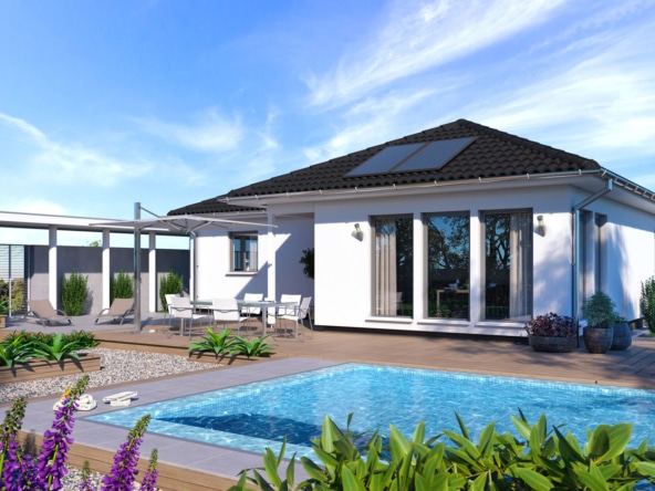 Bungalow Haus ebenerdig mit Walmdach Architektur, 4 Zimmer, 95 qm - Fertighaus schlüsselfertig bauen Ideen Winkelgungalow SH 105 WB von ScanHaus Marlow - HausbauDirekt.de