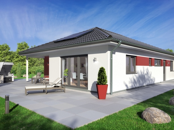 Bungalow Haus modern mit Walmdach Architektur, 5 Zimmer, 120 qm - Winkelbungalow bauen Ideen Fertighaus SH 127 B Variante A von ScanHaus Marlow - HausbauDirekt.de
