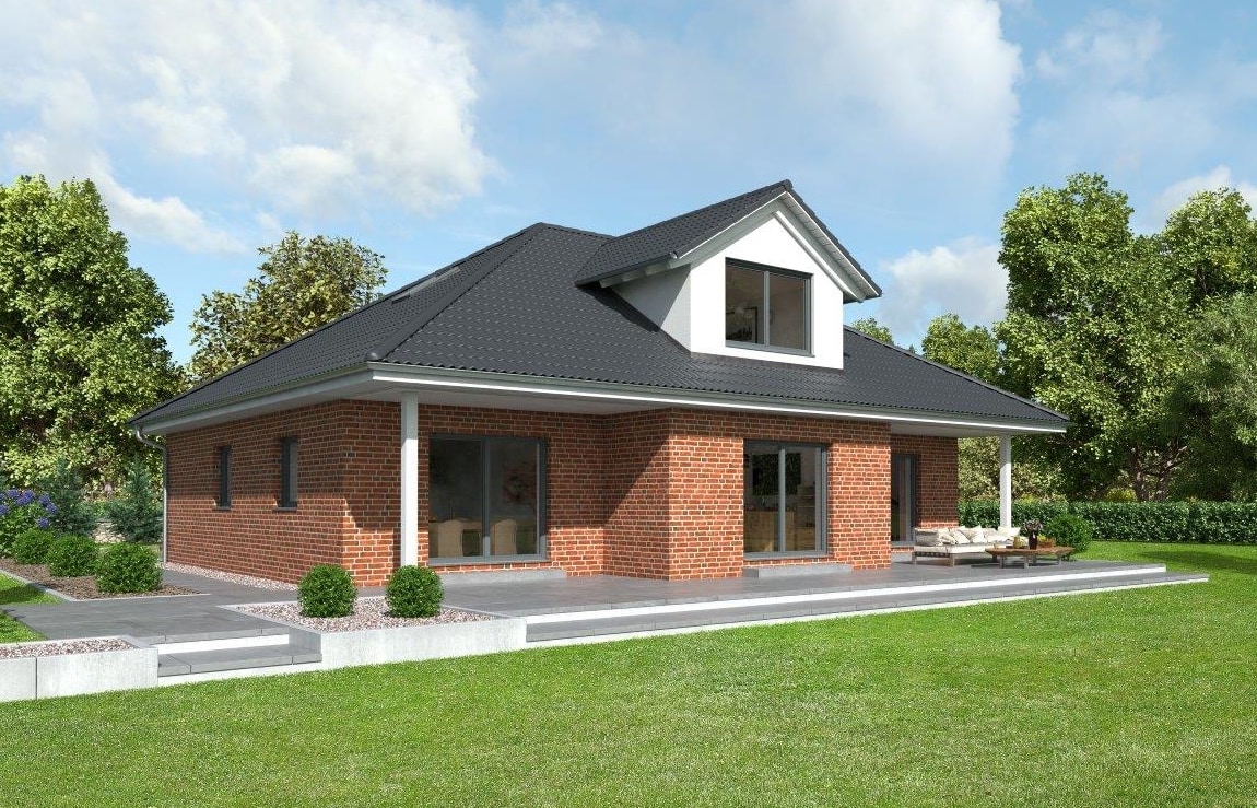 Fertighaus Bungalow mit ausgebautem Dachgeschoss, Walmdach & Klinker Fassade mit Erker - GUSSEK HAUS Mayenne - HausbauDirekt.de