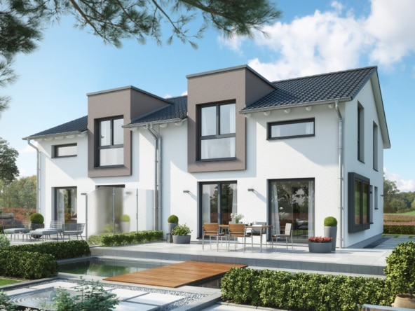 Doppelhaus modern mit Satteldach, 4 Zimmer Grundriss, 120 qm - Fertighaus Bien Zenker CELEBRATION 122 V2 L - HausbauDirekt.de