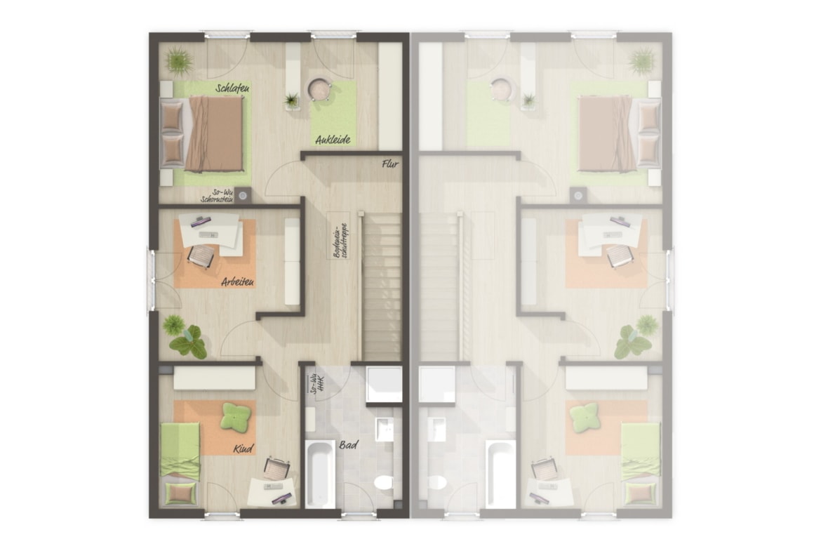 Doppelhaus Grundriss schmal Obergeschoss gerade Treppe & Satteldach, 4 Zimmer, 125 qm - Doppelhaushälfte massiv bauen Ideen Town Country Haus Aura 125 - HausbauDirekt.de