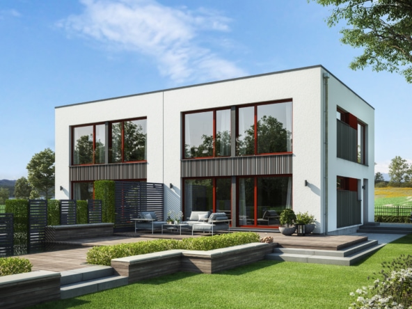 Doppelhaus modern mit Flachdach Architektur im Bauhausstil, 4 Zimmer Grundriss, 120 qm- Fertighaus Bien Zenker CELEBRATION 122 V6 L - HausbauDirekt.de