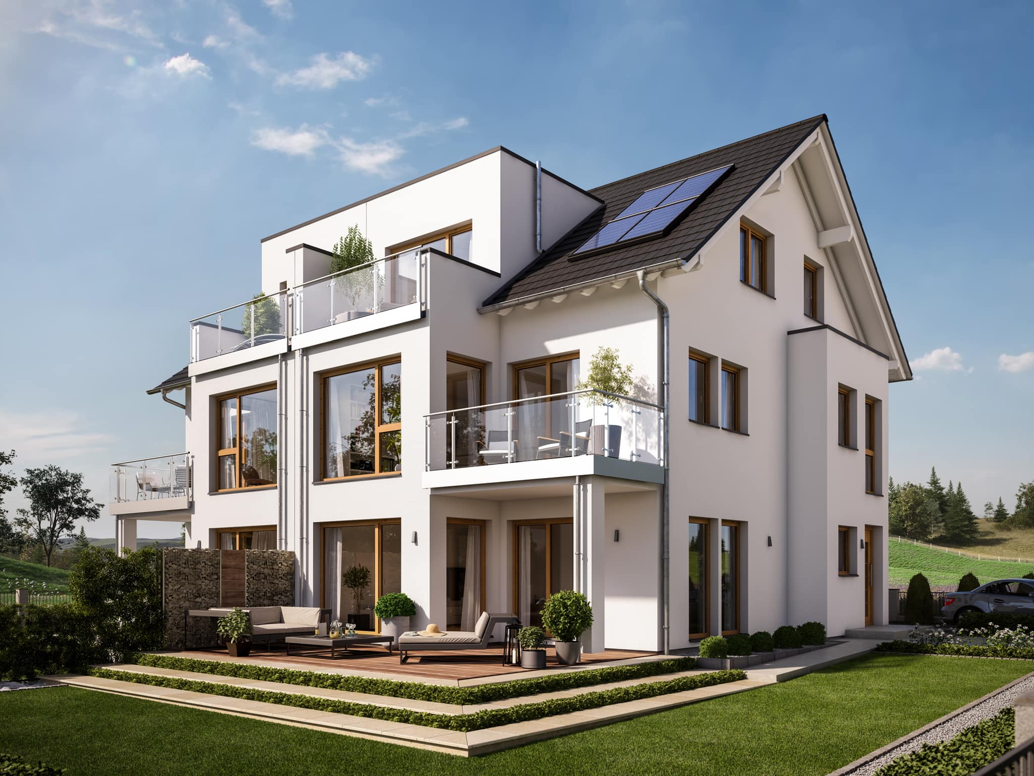 Doppelhaus modern mit Satteldach, dreigeschossig, 7 Zimmer Grundriss, 170 qm - Fertighaus Bien Zenker CELEBRATION 122 V3 XL - HausbauDirekt.de