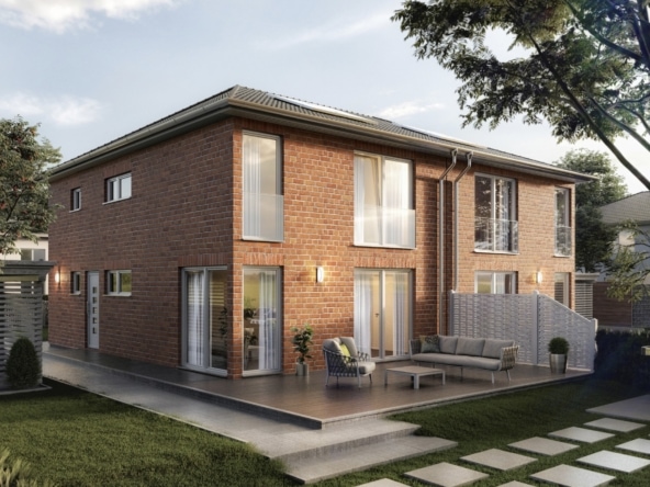 Doppelhaus modern mit Walmdach Architektur - Doppelhaushälfte schlüsselfertig bauen Ideen Town Country Haus AURA 136 KLINKER Fassade Limnaeus Betula - HausbauDirekt.de