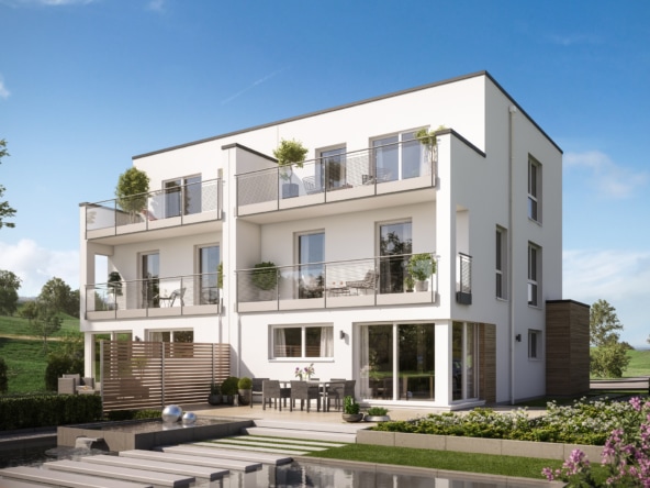 Doppelhaus modern im Bauhausstil mit Flachdach, Erker & Balkon, 5 Zimmer, 166 qm - Fertighaus Bien Zenker CELEBRATION 122 V7 XL - HausbauDirekt.de
