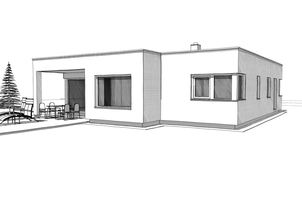 Bungalow Haus im Bauhausstil mit Flachdach und Erker - Architektur Zeichnung Haus Ideen ELK Fertighaus Bungalow 125 - HausbauDirekt.de