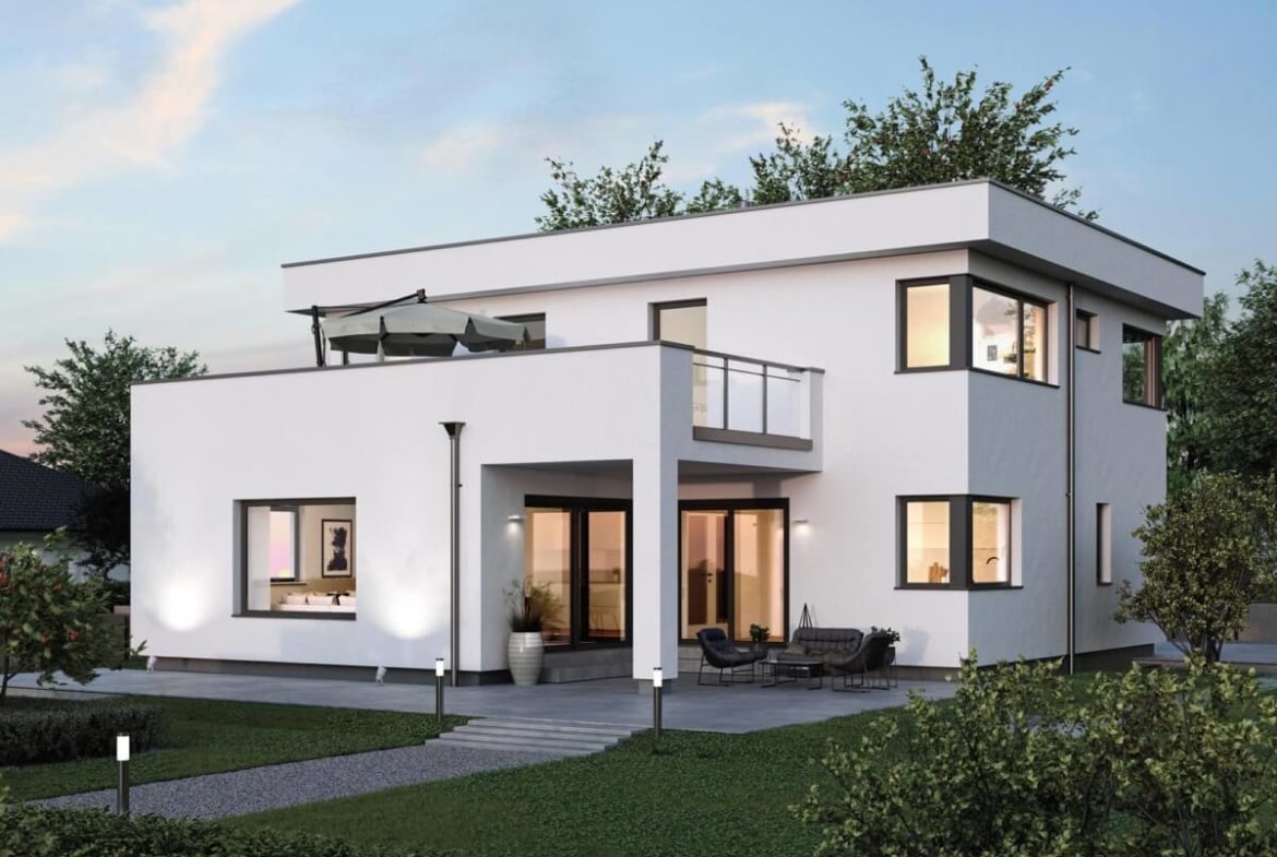 Einfamilienhaus modern mit Flachdach Architektur im Bauhausstil bauen - Haus Design Ideen Fertighaus ELK Haus 186 - HausbauDirekt.de