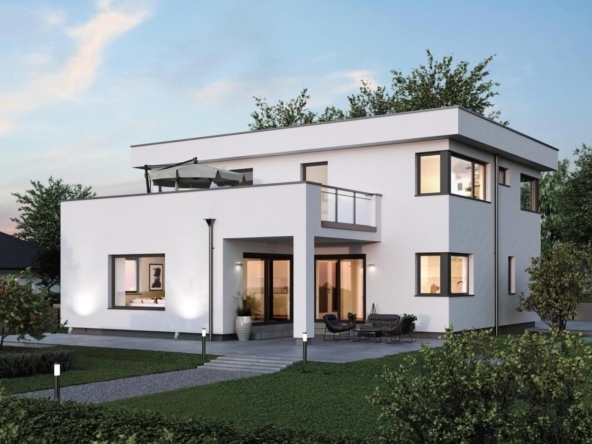 Einfamilienhaus modern mit Flachdach Architektur im Bauhausstil bauen - Haus Design Ideen Fertighaus ELK Haus 186 - HausbauDirekt.de