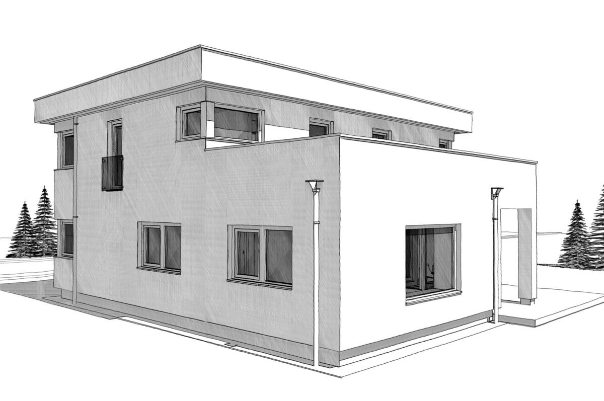 Einfamilienhaus modern mit Flachdach & Dachterrasse bauen - Architektur Zeichnung Haus Design Ideen Fertighaus ELK Haus 186 - HausbauDirekt.de