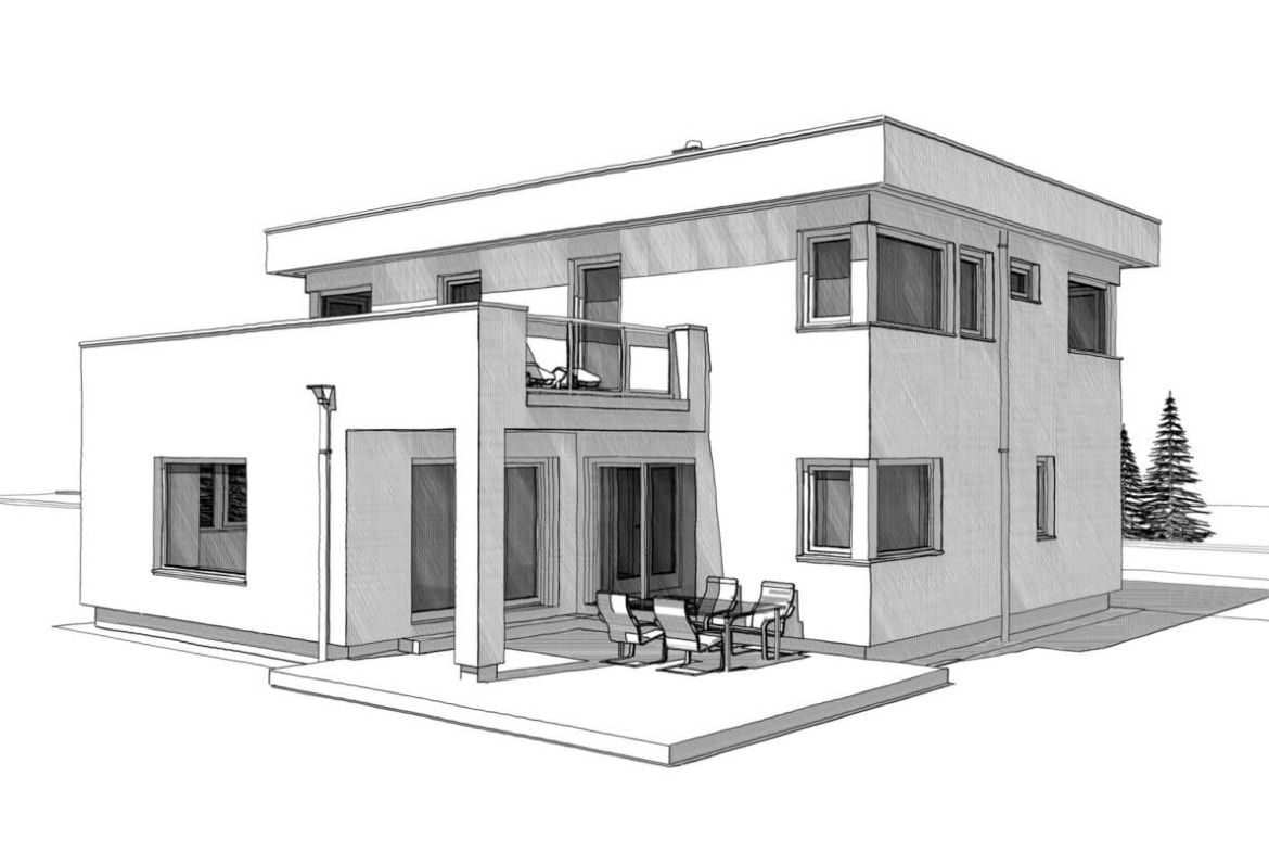 Einfamilienhaus modern mit Flachdach, Erker & Balkon bauen - Architektur Zeichnung Haus Design Ideen Fertighaus ELK Haus 186 - HausbauDirekt.de