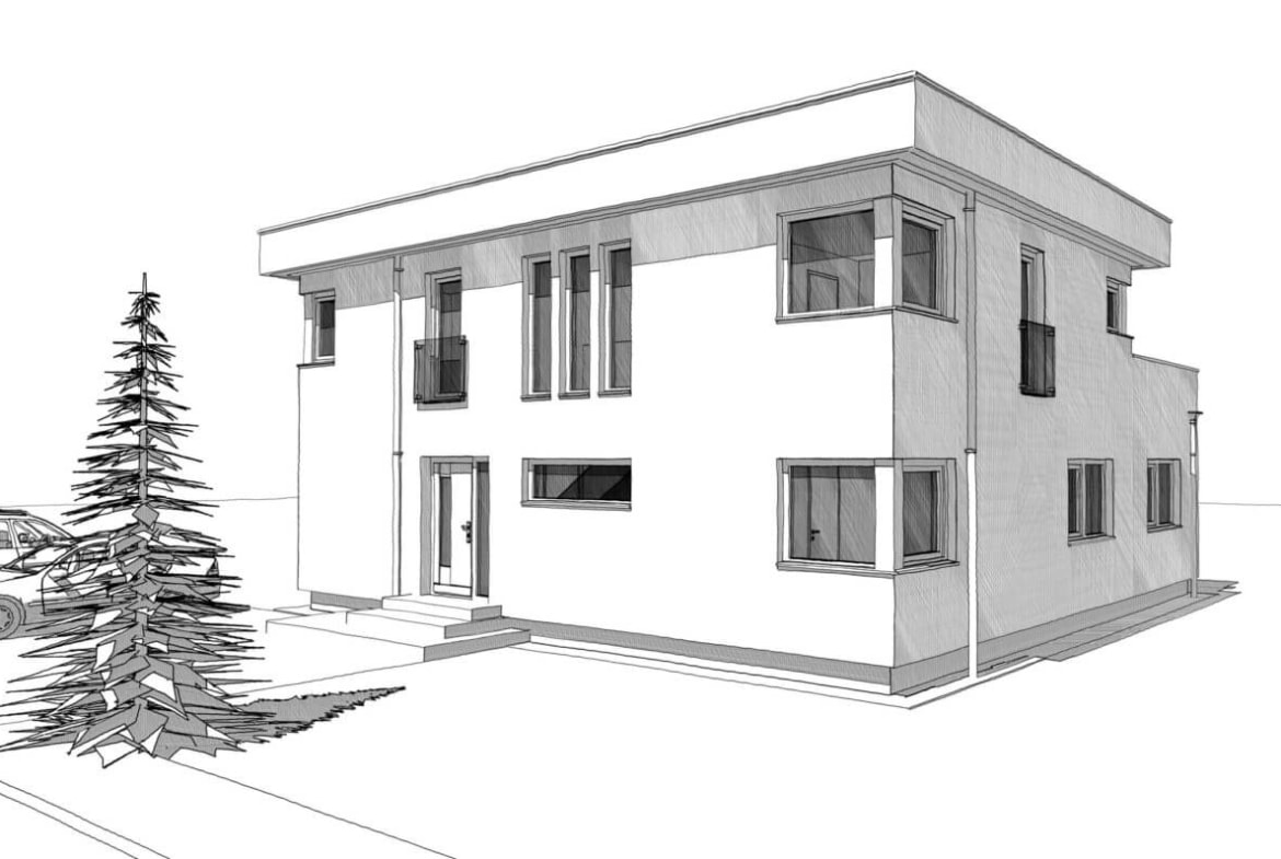 Modernes Haus im Bauhaus Design mit Flachdach bauen - Architektur Zeichnung Einfamilienhaus Ideen Fertighaus ELK Haus 186 - HausbauDirekt.de