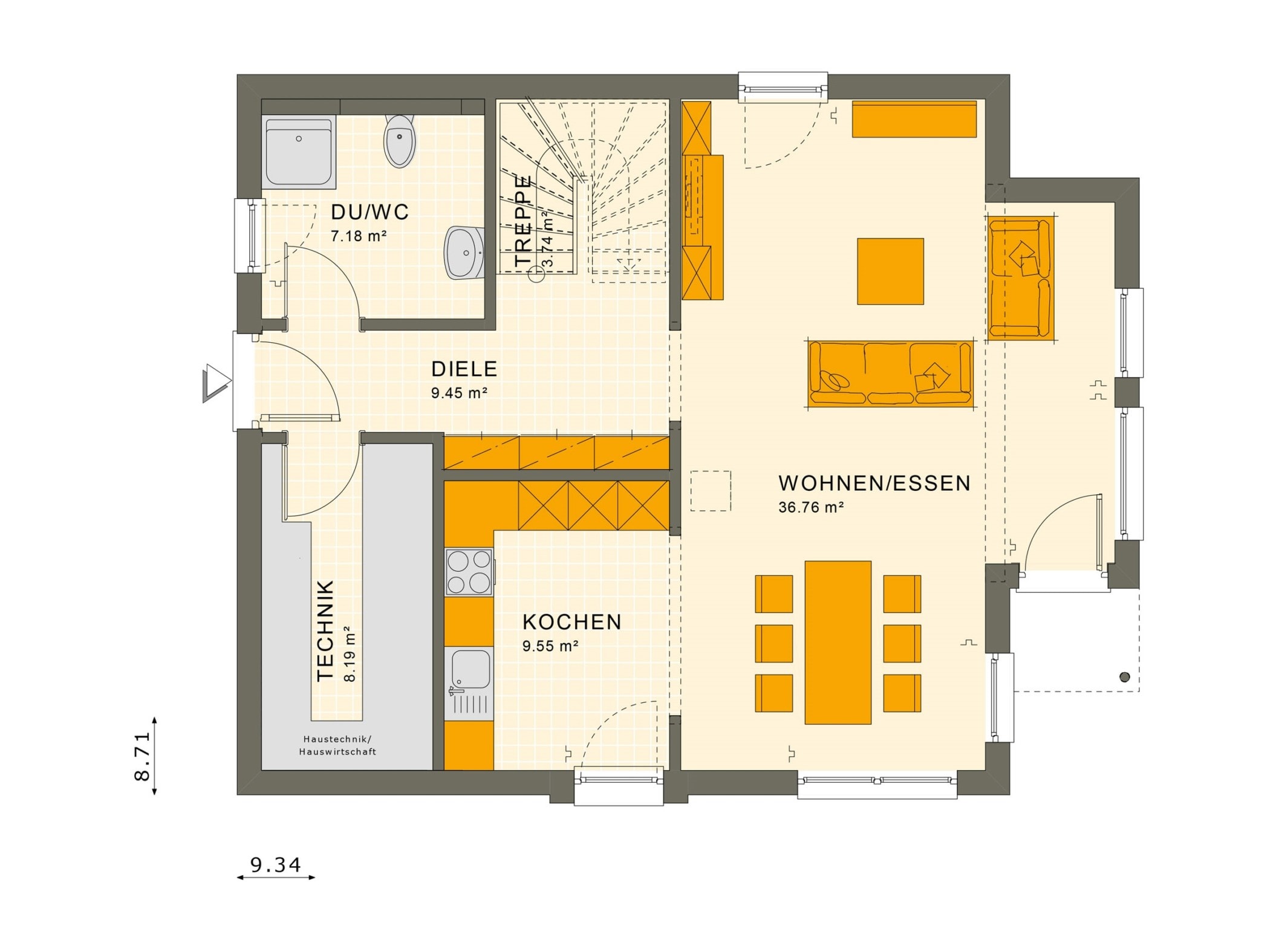 Einfamilienhaus Grundriss Erdgeschoss mit Erker - Fertighaus Living Haus SUNSHINE 136 V3 - HausbauDirekt.de