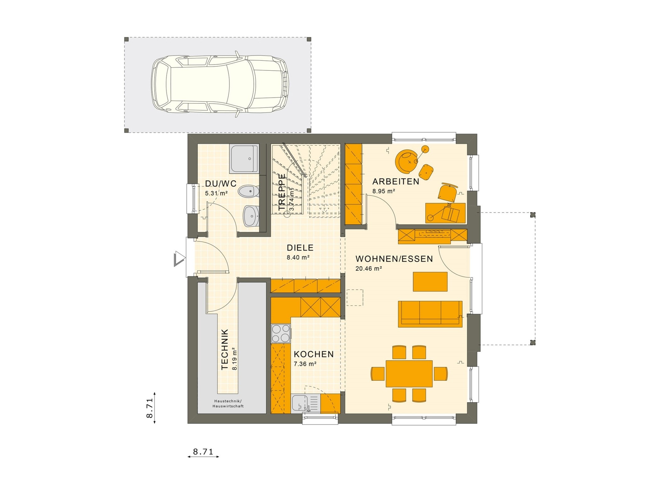 Fertighaus Grundriss Erdgeschoss mit Carport Garage, 5 Zimmer, 125 qm - Einfamilienhaus Neubau Living Haus SUNSHINE 126 V3 - HausbauDirekt.de