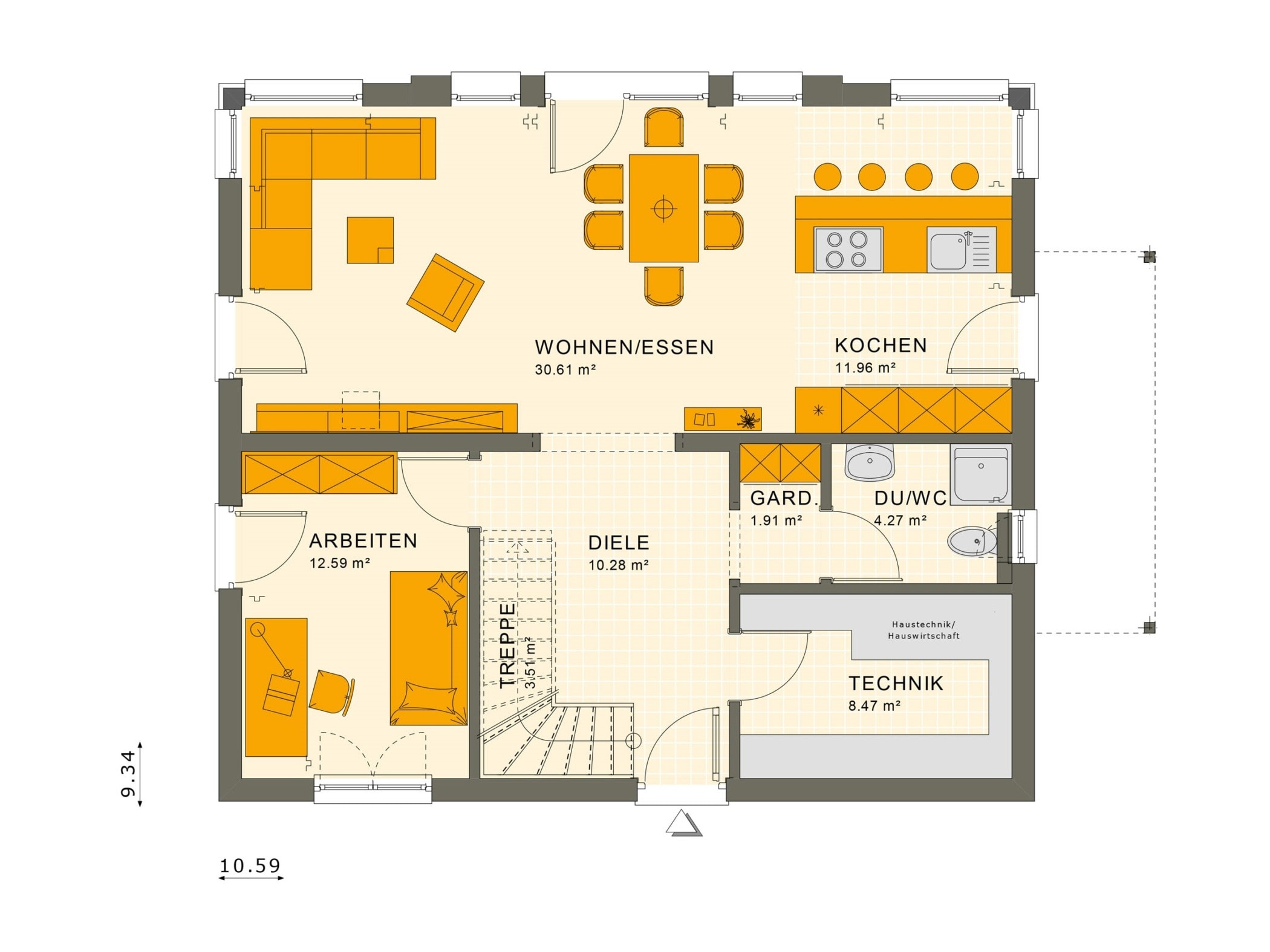 Einfamilienhaus Grundriss Erdgeschoss offen, 5 Zimmer, 165 qm - Fertighaus SUNSHINE 165 V3 von Living Haus - HausbauDirekt.de