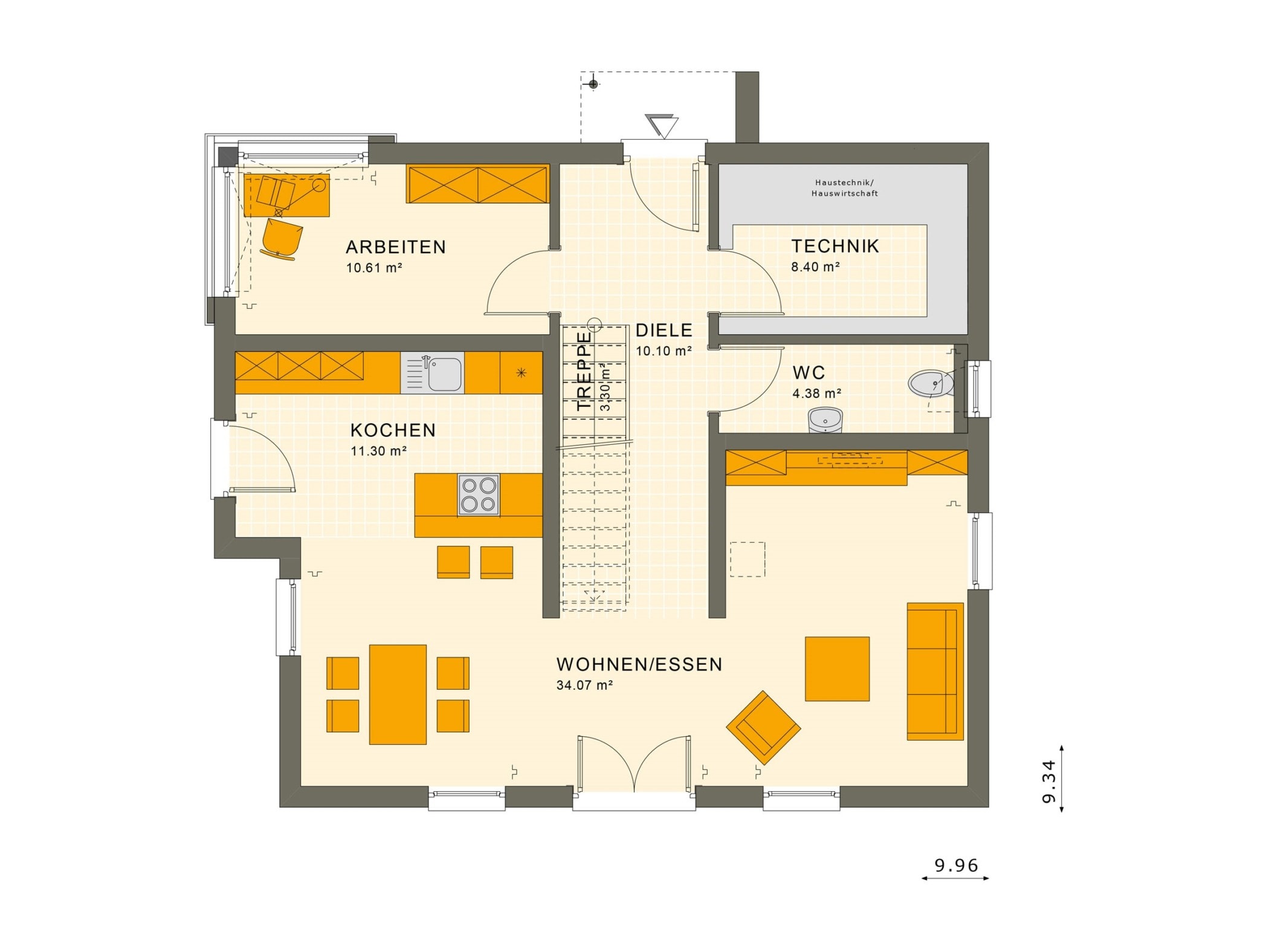 Einfamilienhaus Grundriss Erdgeschoss gerade Treppe mit Galerie, 5 Zimmer, 150 qm - Fertighaus Living Haus SUNSHINE 154 V5 - HausbauDirekt.de