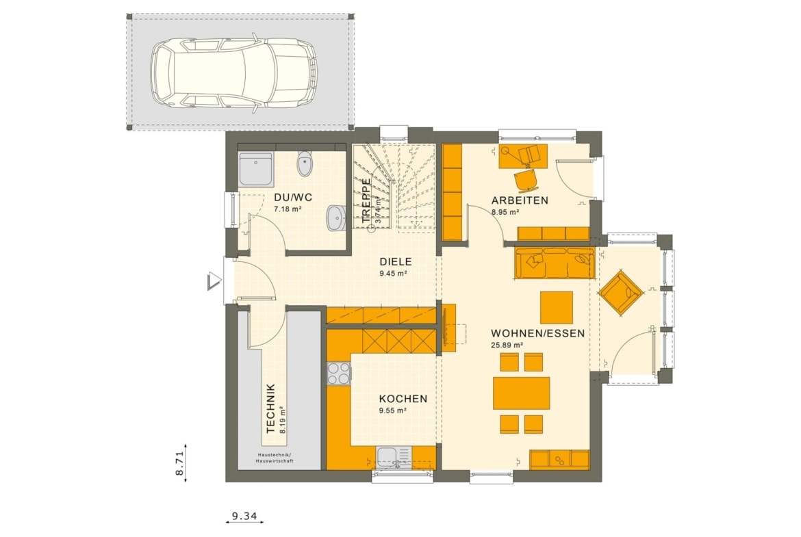 Einfamilienhaus Grundriss Erdgeschoss mit Carport & Wintergarten Erker, 5 Zimmer, 135 qm - Fertighaus Living Haus SUNSHINE 136 V5 - HausbauDirekt.de
