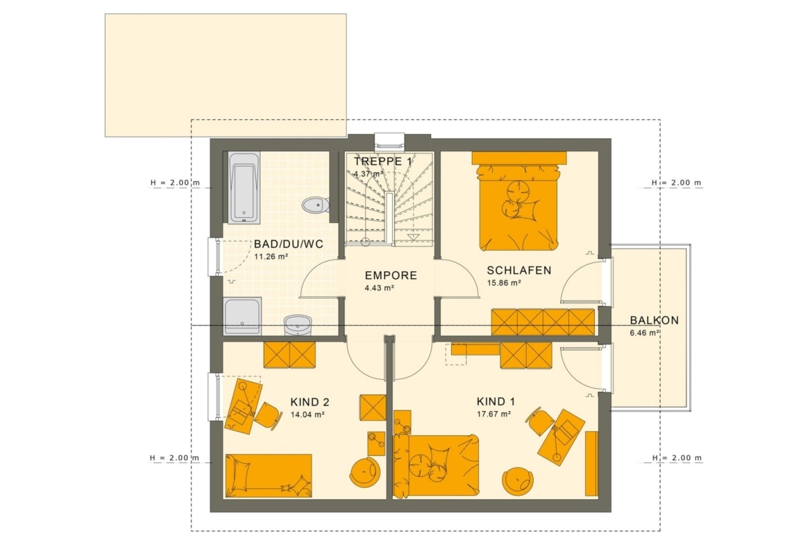 Einfamilienhaus Grundriss Obergeschoss mit Satteldach & Balkon, 5 Zimmer, 135 qm - Fertighaus Living Haus SUNSHINE 136 V5 - HausbauDirekt.de