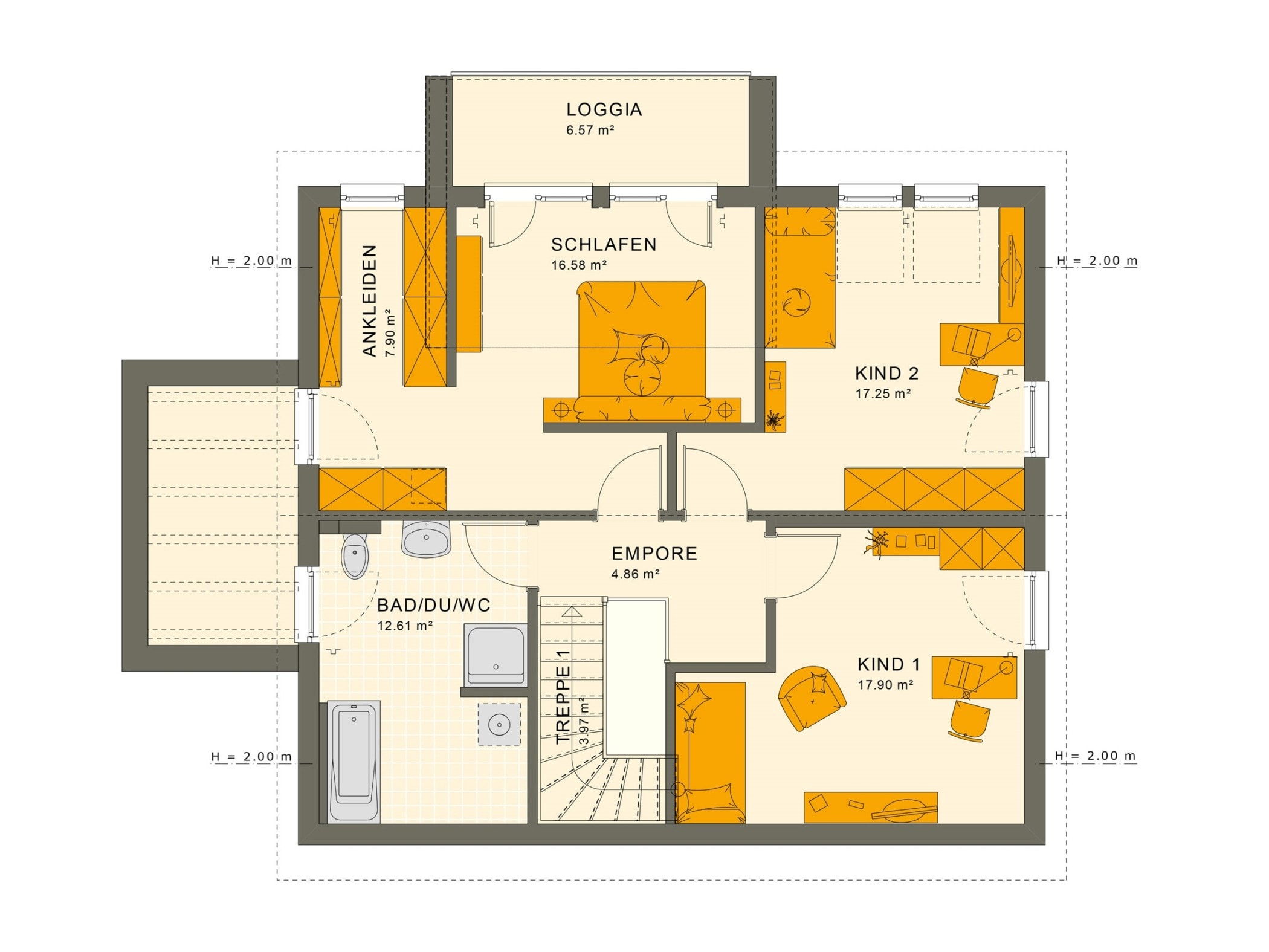 Einfamilienhaus Grundriss Obergeschoss mit Satteldach & Loggia, 5 Zimmer, 165 qm - Fertighaus SUNSHINE 165 V5 von Living Haus - HausbauDirekt.de