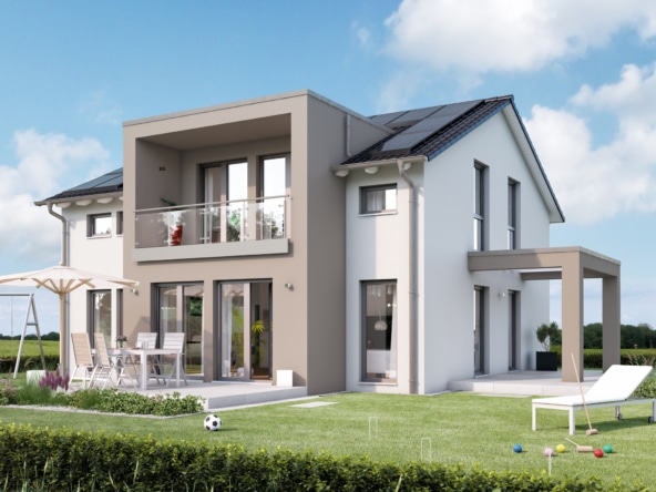 Einfamilienhaus Neubau modern mit Satteldach, Zwerchgiebel & Loggia - Fertighaus SUNSHINE 165 V5 von Living Haus - HausbauDirekt.de