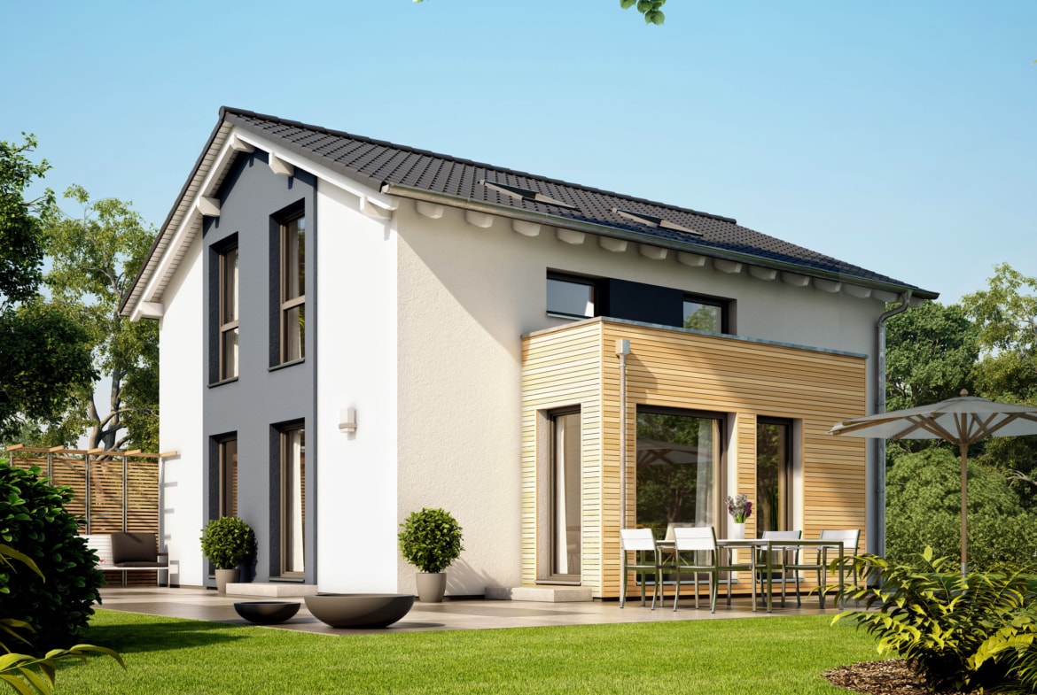 Einfamilienhaus modern mit flachem Satteldach, Erker & Holz Putz Fassade - Haus bauen Ideen Fertighaus SUNSHINE 113 V5 von Living Haus - HausbauDirekt.de