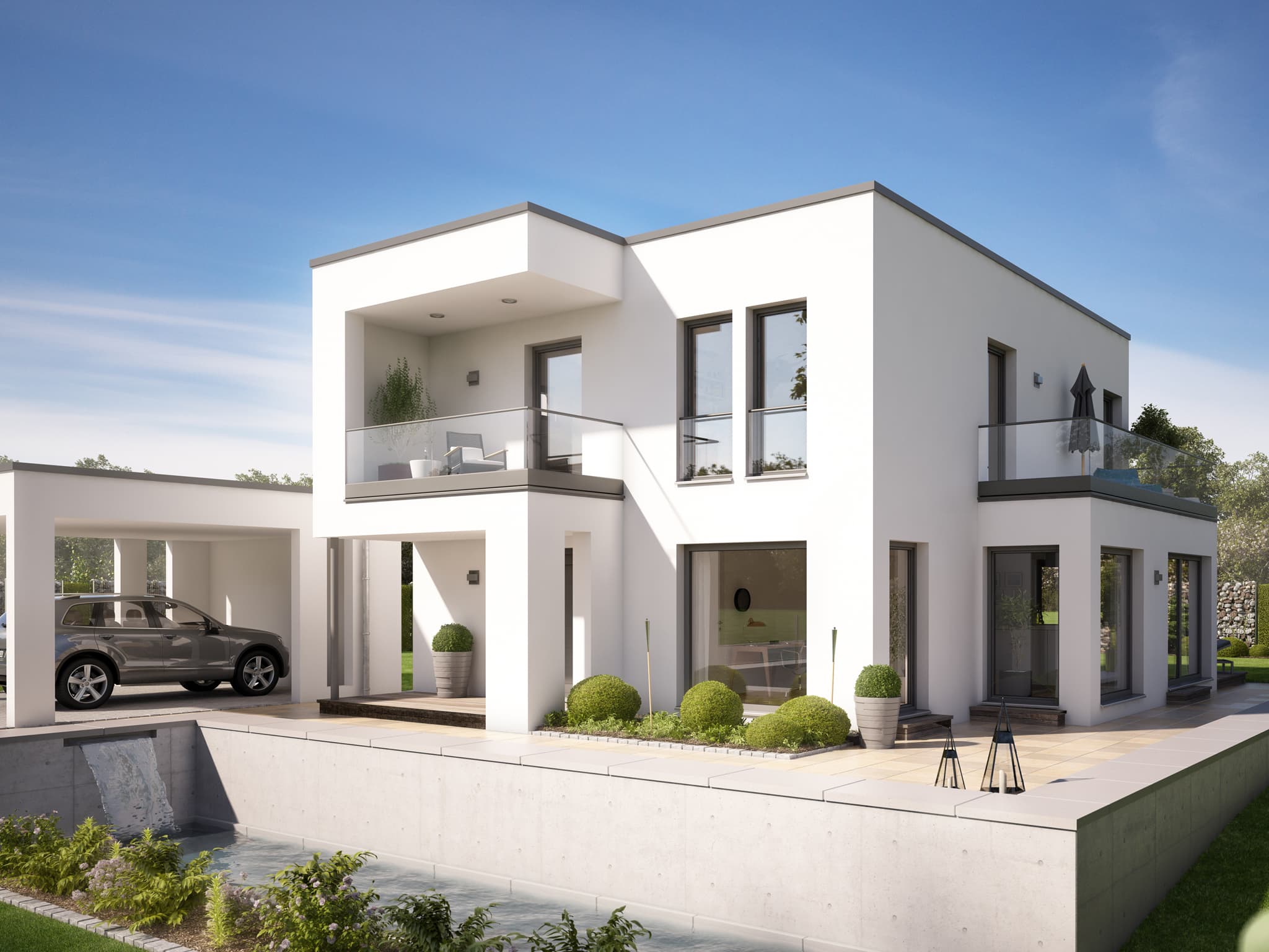 Einfamilienhaus modern im Bauhausstil mit Flachdach Architektur, Doppelcarport Garage & Erker mit Balkon - Haus bauen Ideen Bien Zenker Fertighaus EVOLUTION 134 V8 - HausbauDirekt.de