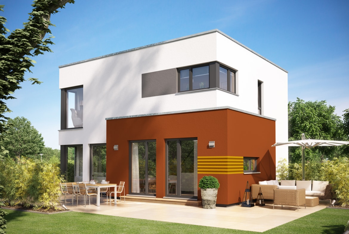 Einfamilienhaus Neubau modern mit Flachdach Architektur im Bauhausstil - Haus bauen Ideen Fertighaus Stadtvilla SUNSHINE 113 V8 von Living Haus - HausbauDirekt.de