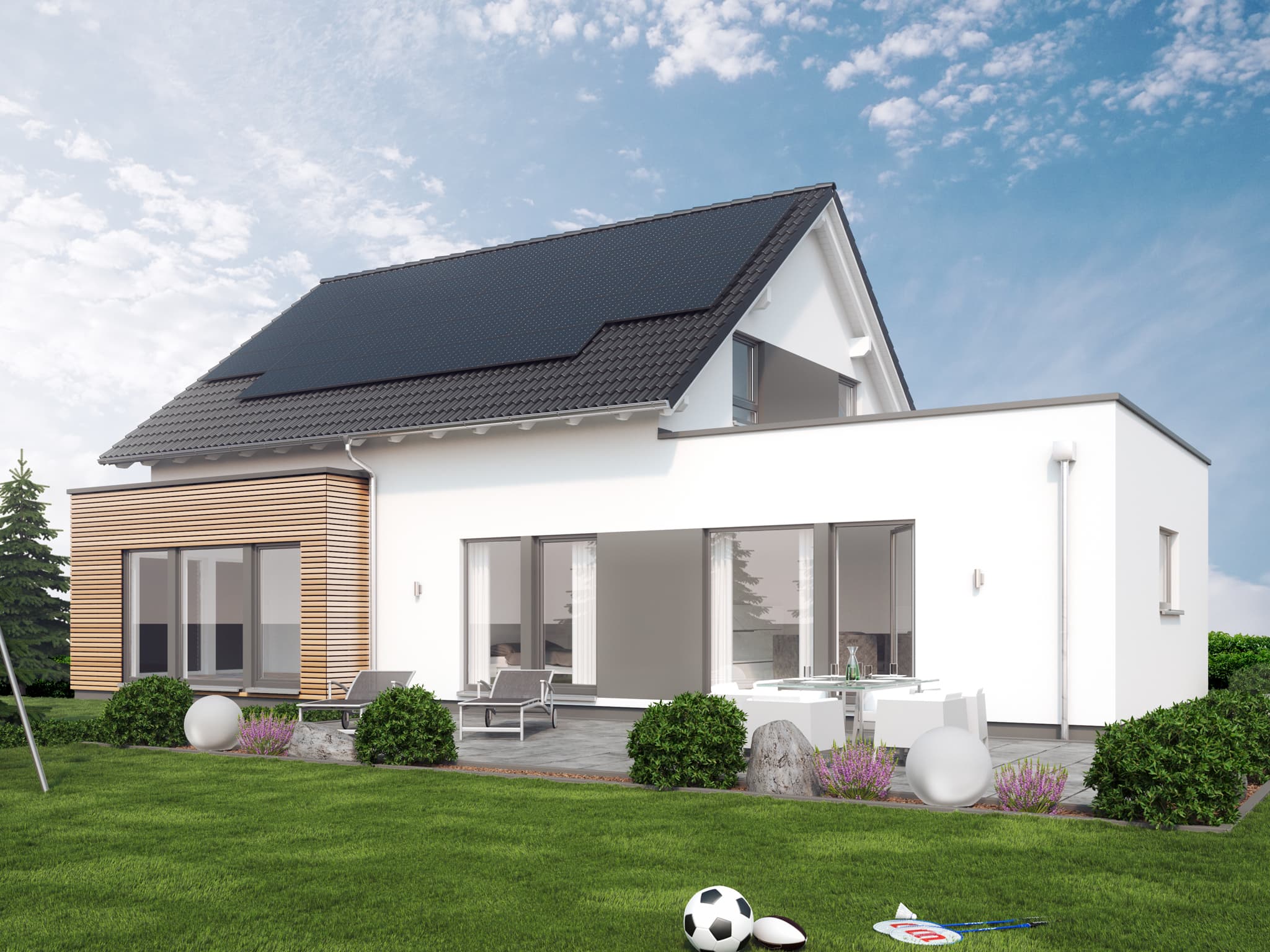 Einfamilienhaus mit Einliegerwohnung im Flachdach Anbau & Satteldach Architektur, 6 Zimmer, 180 qm - Fertighaus bauen Ideen Living Haus SOLUTION 183 V3 - HausbauDirekt.de