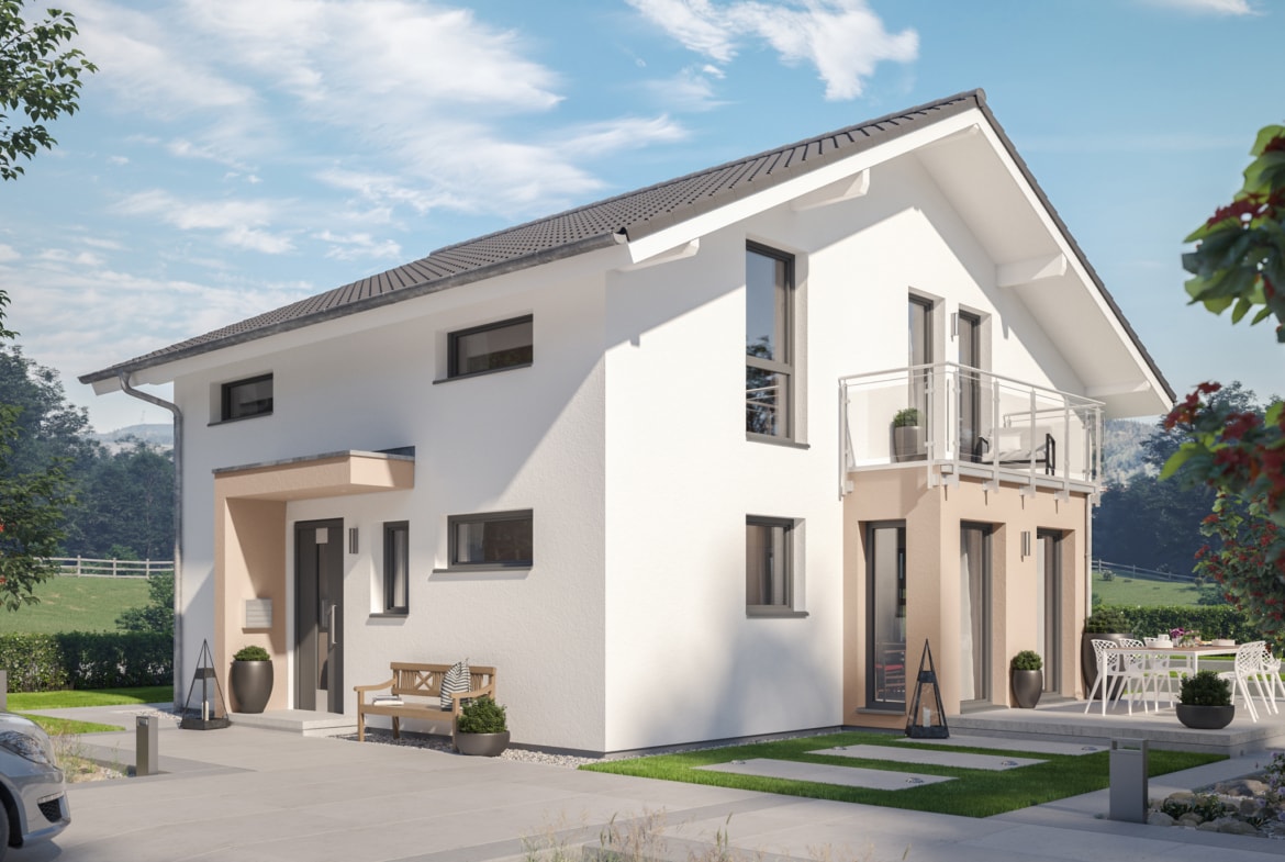 Modernes Einfamilienhaus mit Satteldach flach, Erker & Balkon - Haus bauen Ideen Bien Zenker Fertighaus EVOLUTION 139 V6 - HausbauDirekt.de