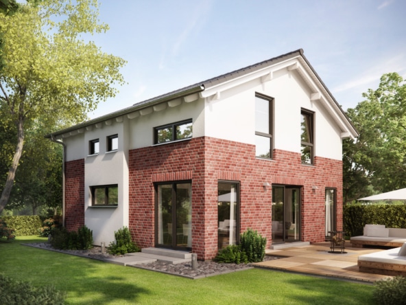 Einfamilienhaus mit Satteldach & Klinker Putz Fassade, 5 Zimmer, 135 qm - Haus bauen Ideen Fertighaus Living Haus SUNSHINE 136 V4 a - HausbauDirekt.de